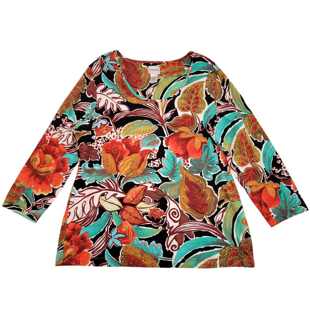 Chico's Scoop Neck Top 2 Large Multicolor Botanical Floral 3/4 Sleeve Boho Fall